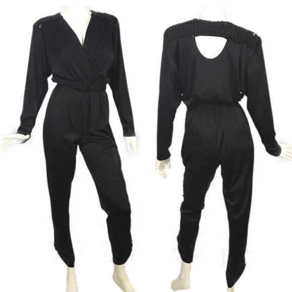 Vintage Other - VTG Black Disco Jumpsuit Sequin Cutout Satin Sheer